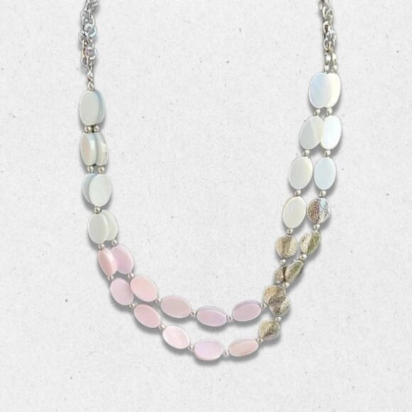 Mother of Pearl Beads Necklace Double Strand Silver Tone Chain White/Pink W OS - Picture 2 of 4